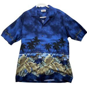 Vintage Pacific Legend Mens Hawaiian Shirt Size  XL Blue Palm Trees Short Sleeve